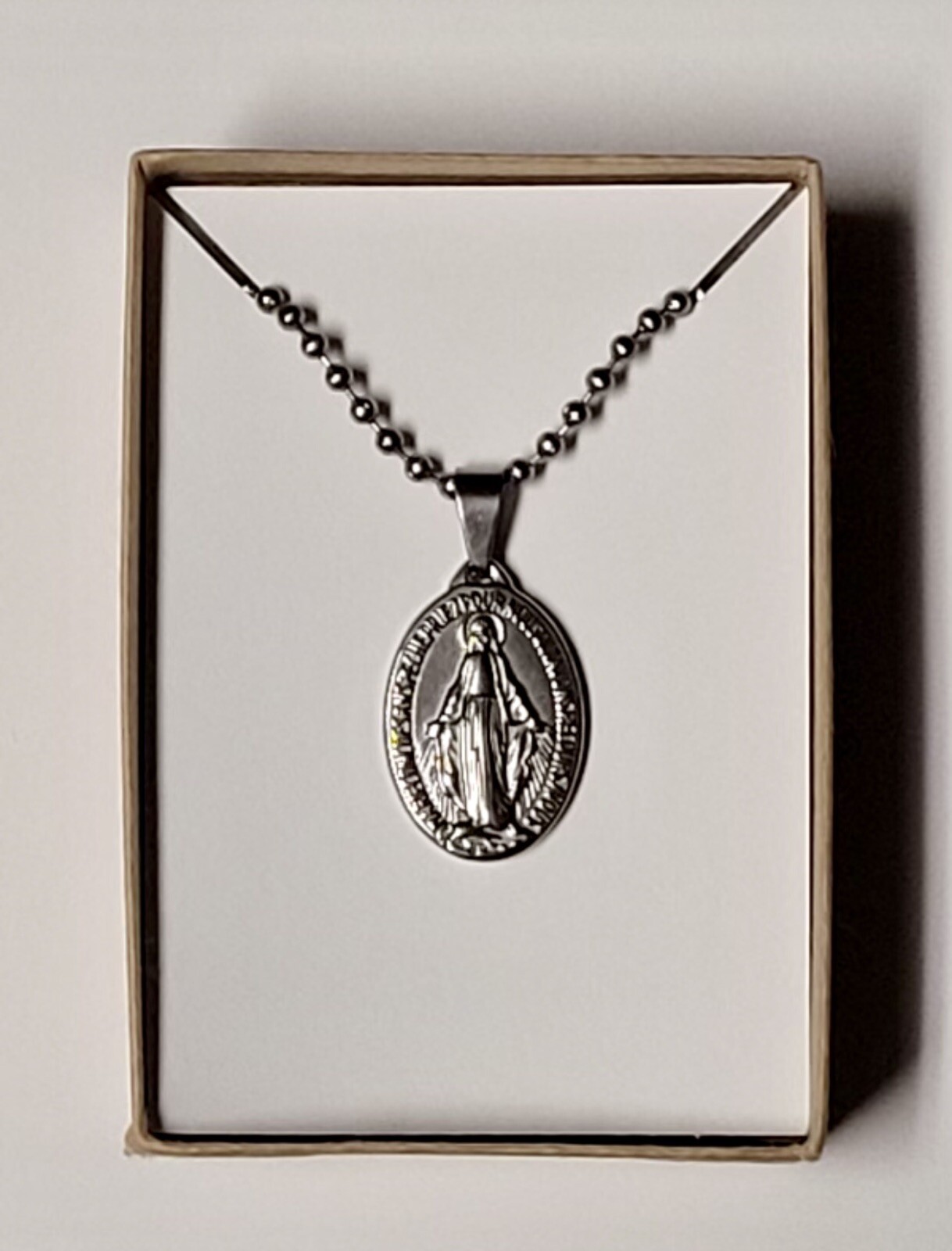 FRENCH STERLING SILVER MIRACULOUS MEDAL PENDANT W/STAINLESS STEEL 30” BALL CHAIN