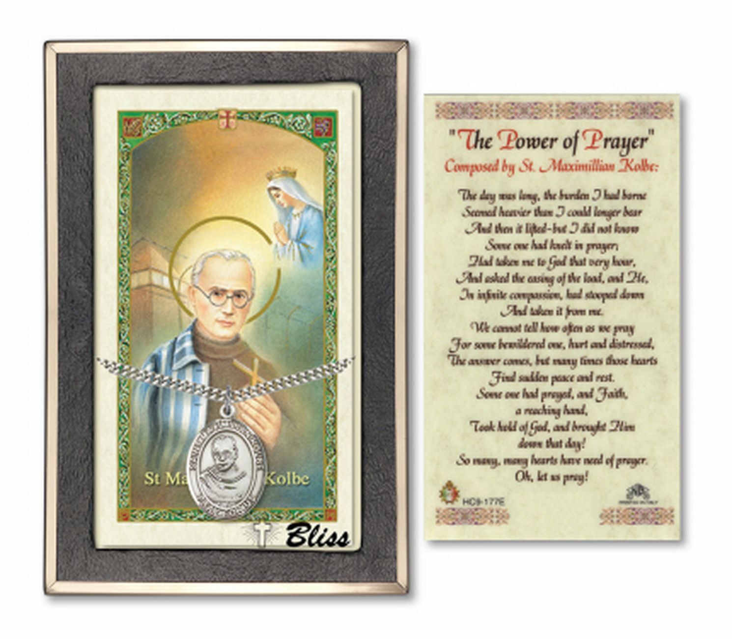 Sterling Silver St Maximilian Kolbe Medal Pendant Necklace 24″ Chain Prayer Card