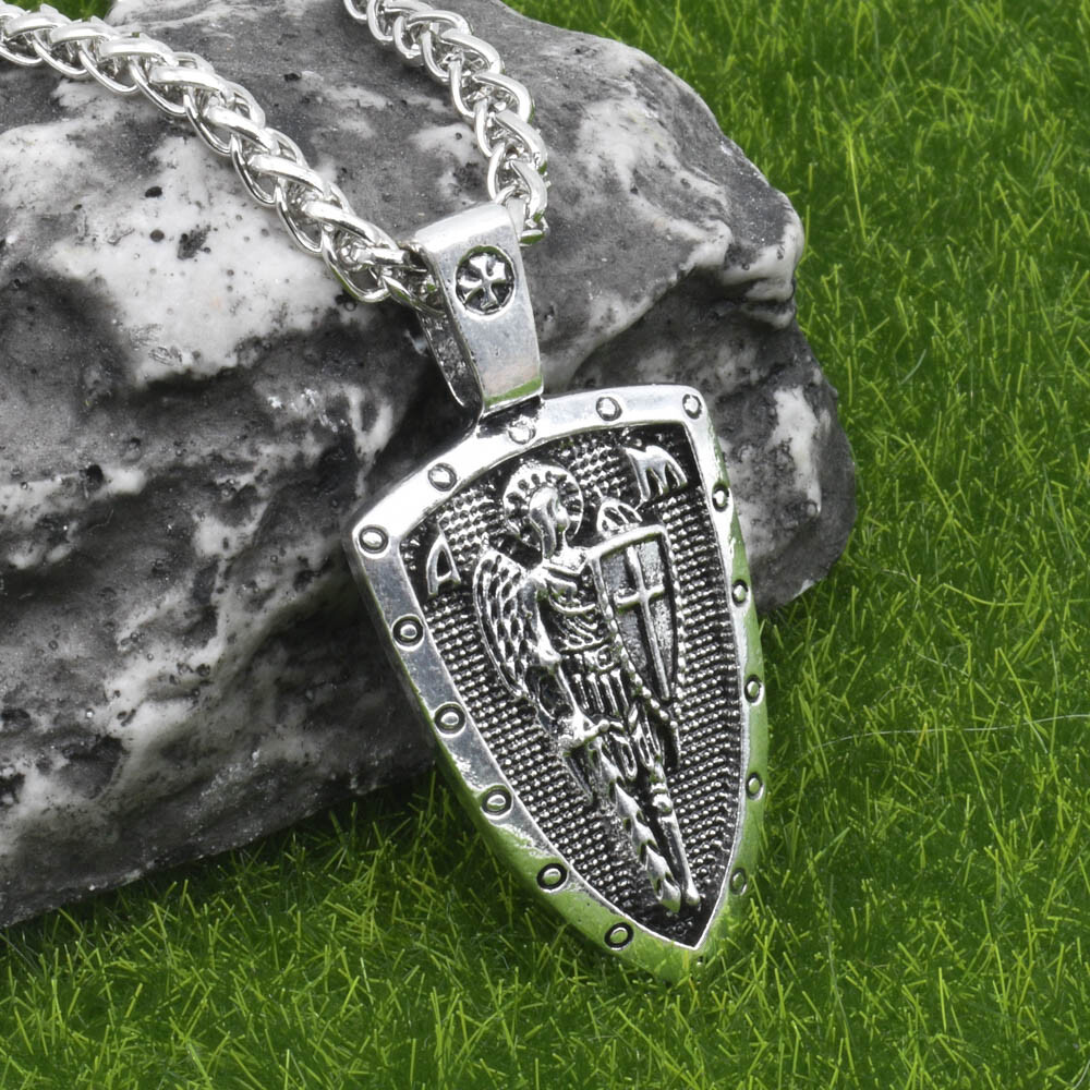 Archangel Saint St Michael Medal Cross Shield Pendant Necklace w 24″ Spiga Chain