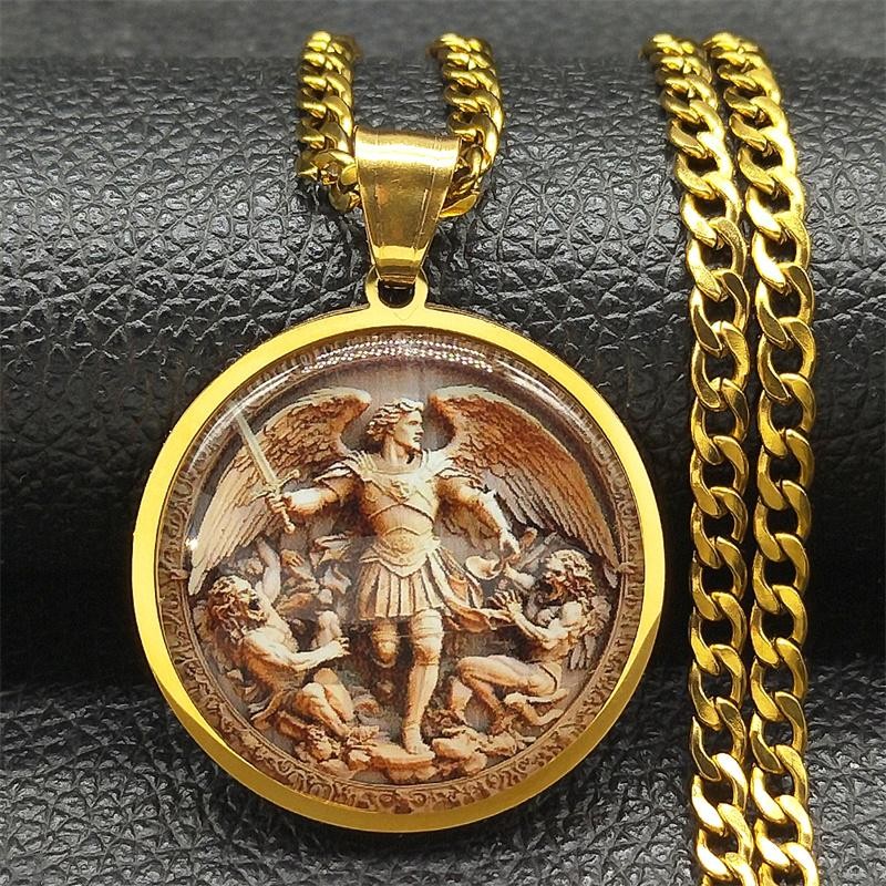 St Michael Protect Us Medal Necklace Gold Stainless Steel Archangel Pendant Men