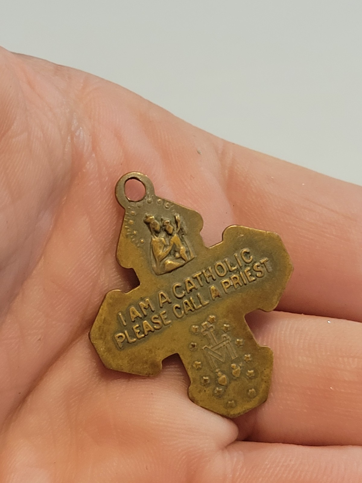 Vintage Brass? Cross Pendant Medal “I Am A Catholic” Gold Tone Antique