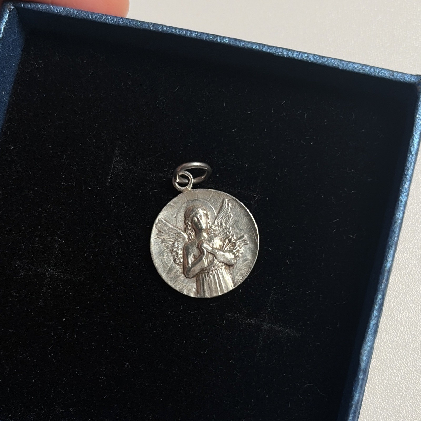 Round Christian Angel Medal Pendant Charm with Bail, 925 silver