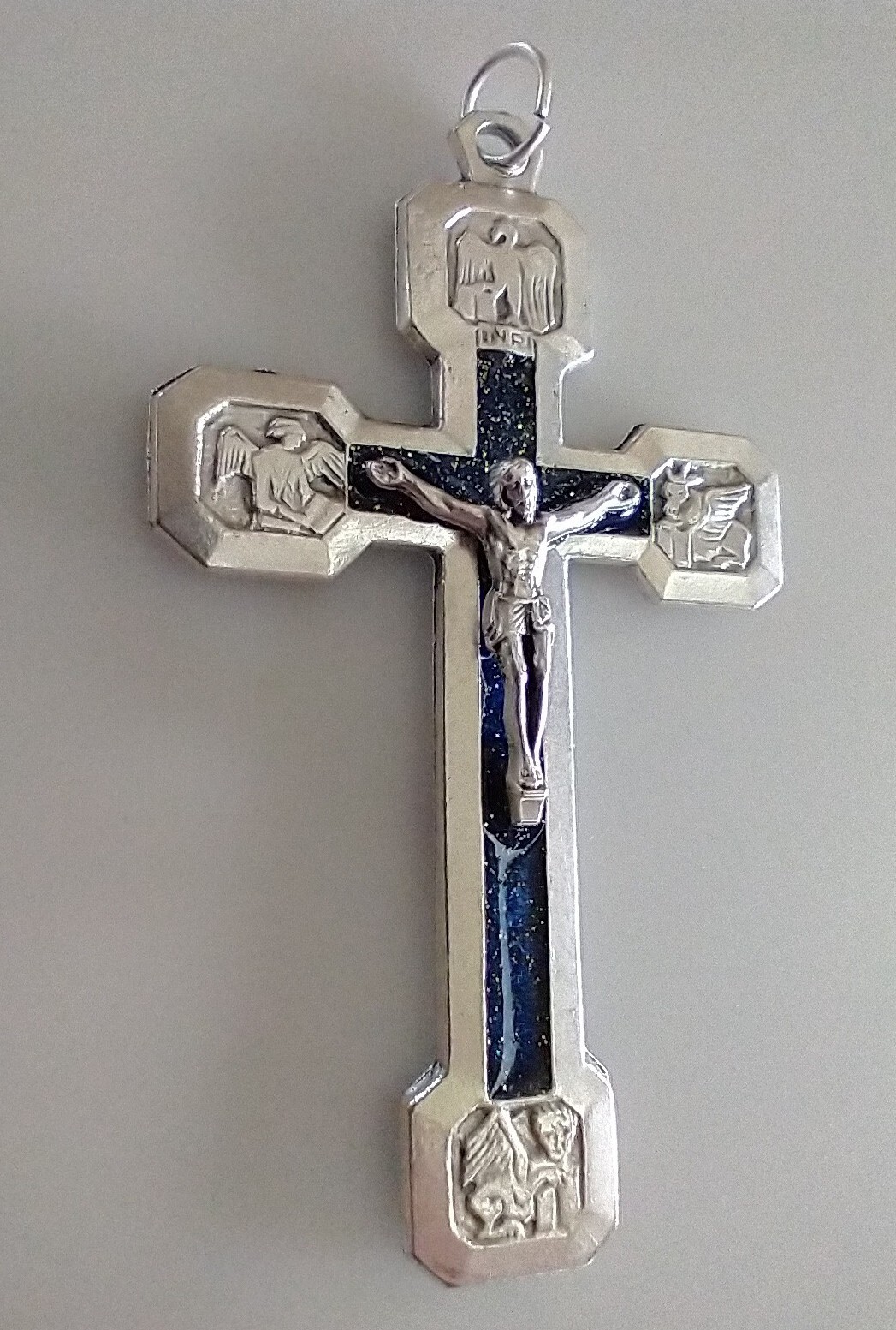 Catholic Blue Enamel Stations of the Cross Silver Tone Crucifix