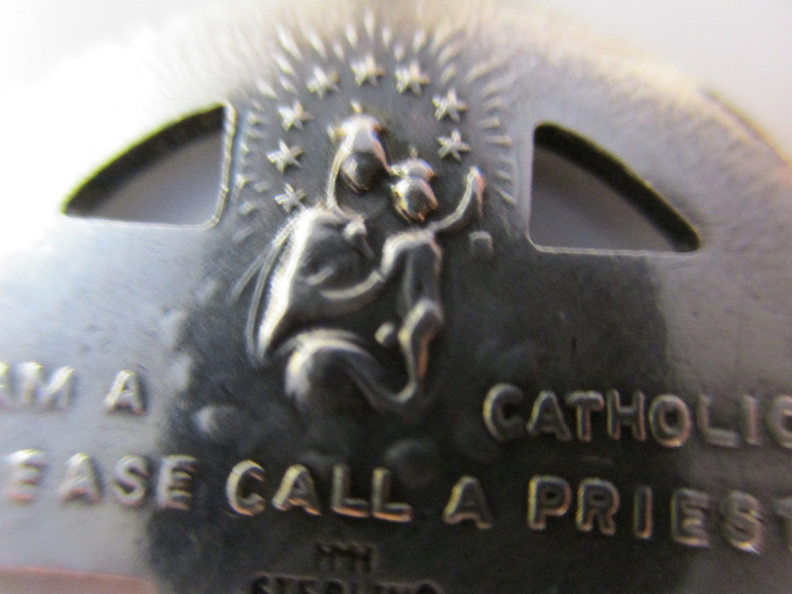 Old Sterling Medal Jesus/Mary/Joseph Pendant I am Catholic Please Call A Priest