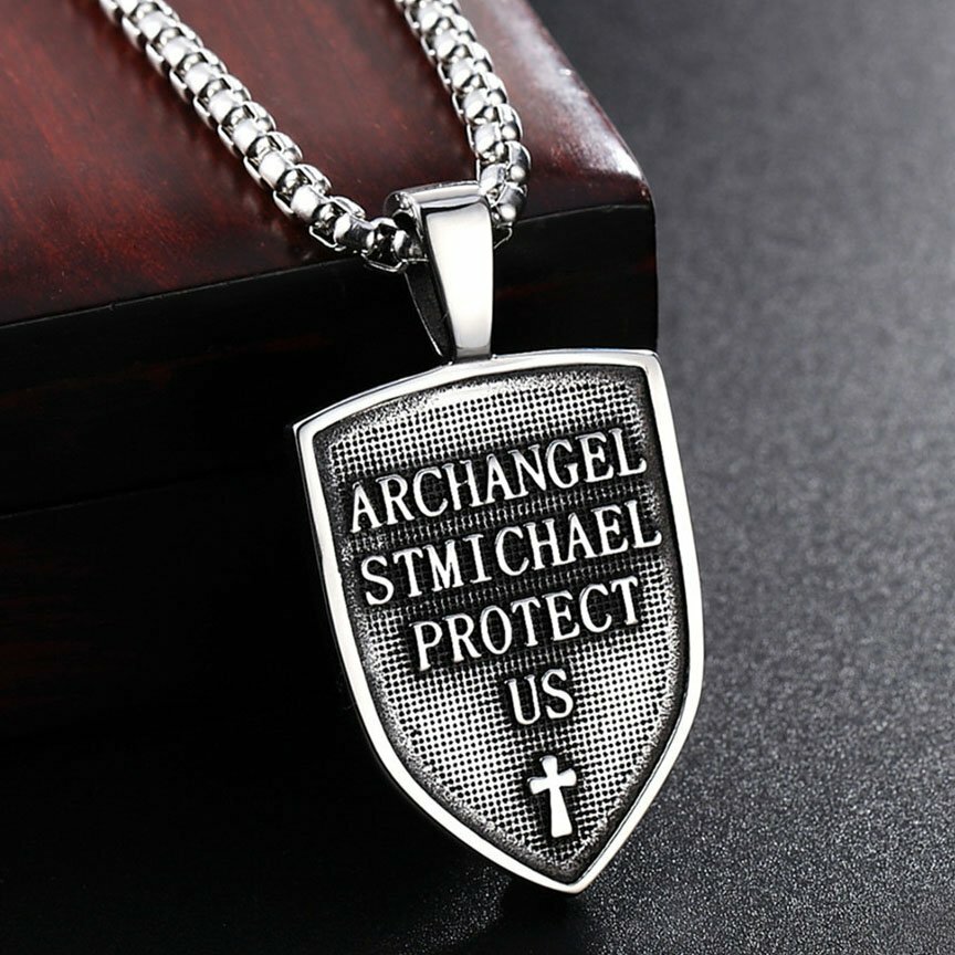 Catholic Mens St Saint Michael Medal Medallion Pendant Necklace Stainless Steel