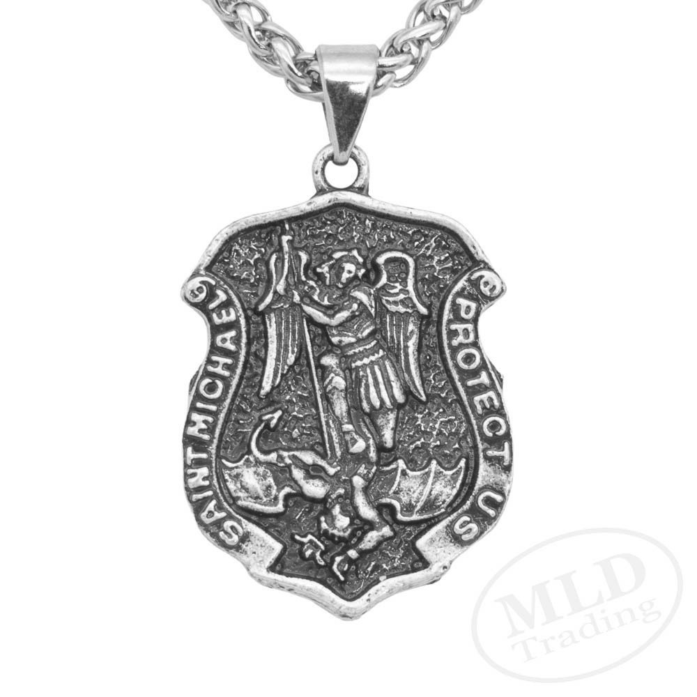 Archangel Saint St Michael Protect Us Medal Shield Pendant Necklace w 20″ Chain