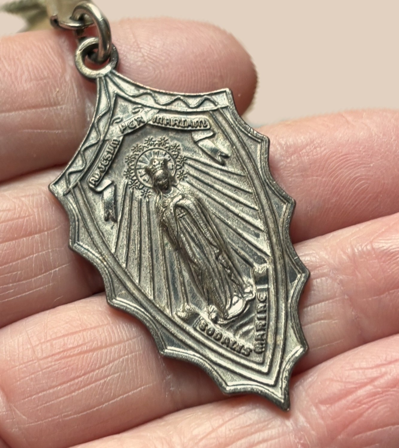 Vintage Catholic Medal Pendant Shield on Cord – Sodality of Our Lady – 1950’s
