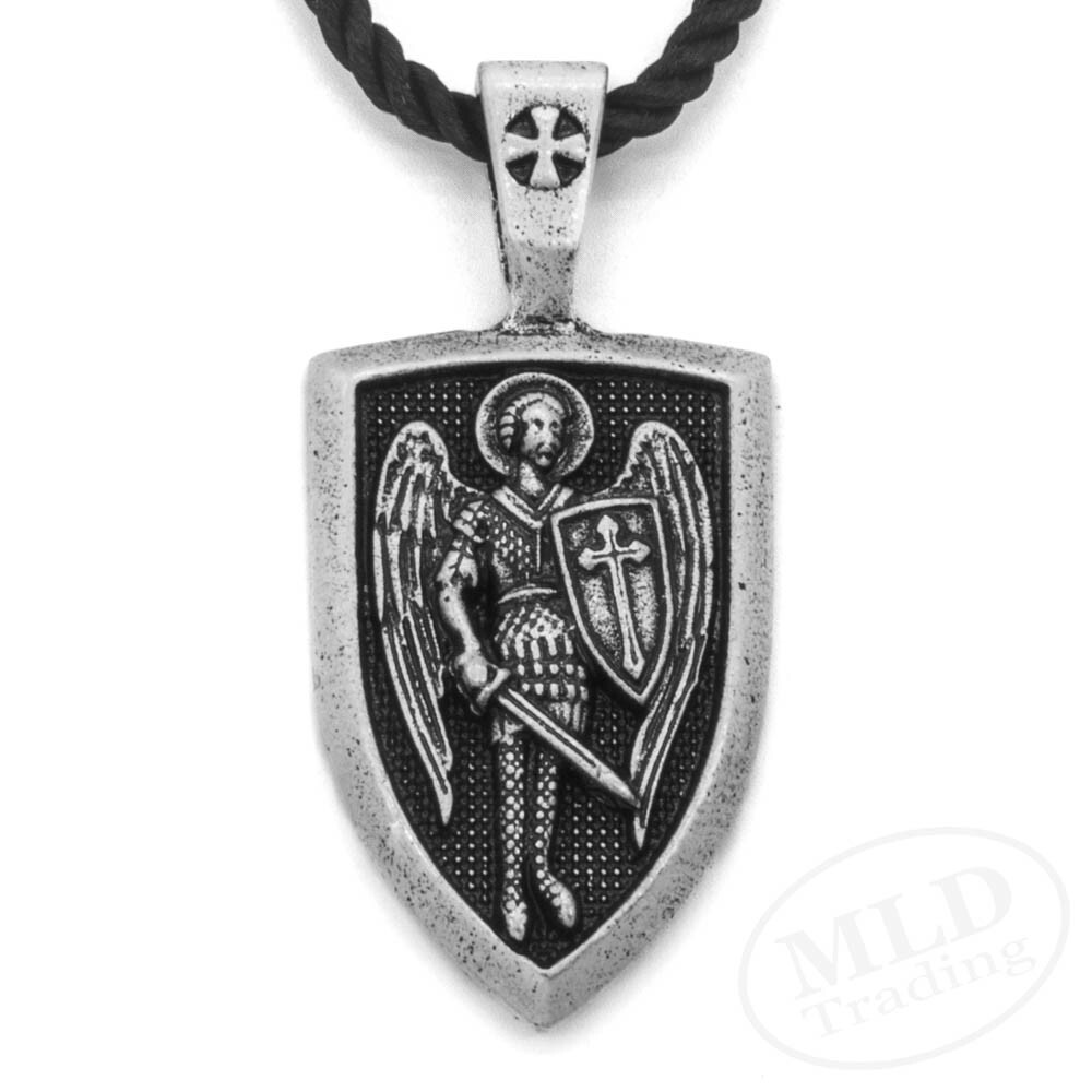 Saint St Michael Shield Medal Pendant Necklace, Antiqued Silver Zinc Alloy