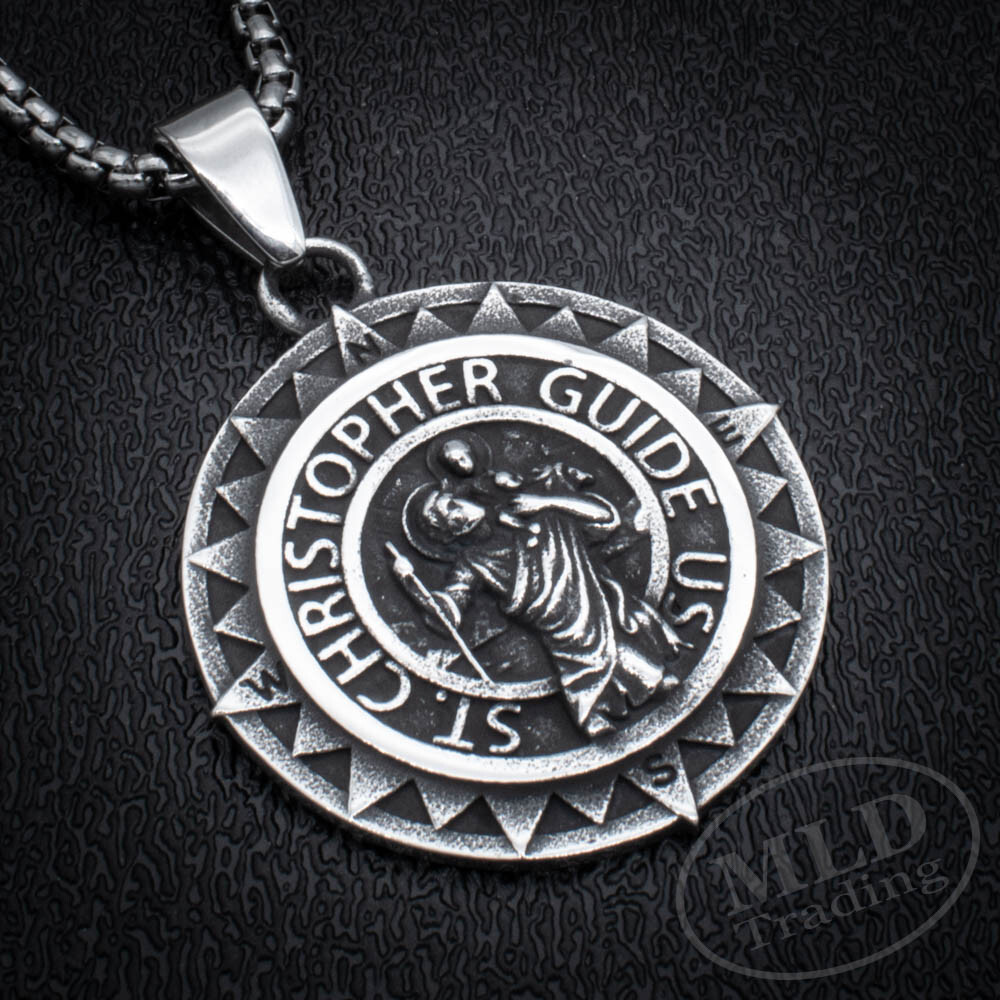 Saint St Christopher Medal Silver Stainless Steel Compass Style Pendant Necklace