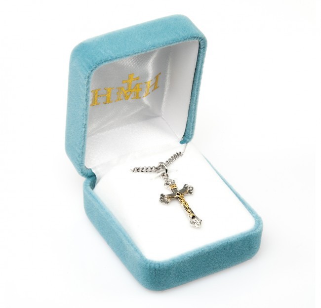 Flare Tipped Sterling Silver Two Tone 1″ Crucifix, 18″ Chain, US Made