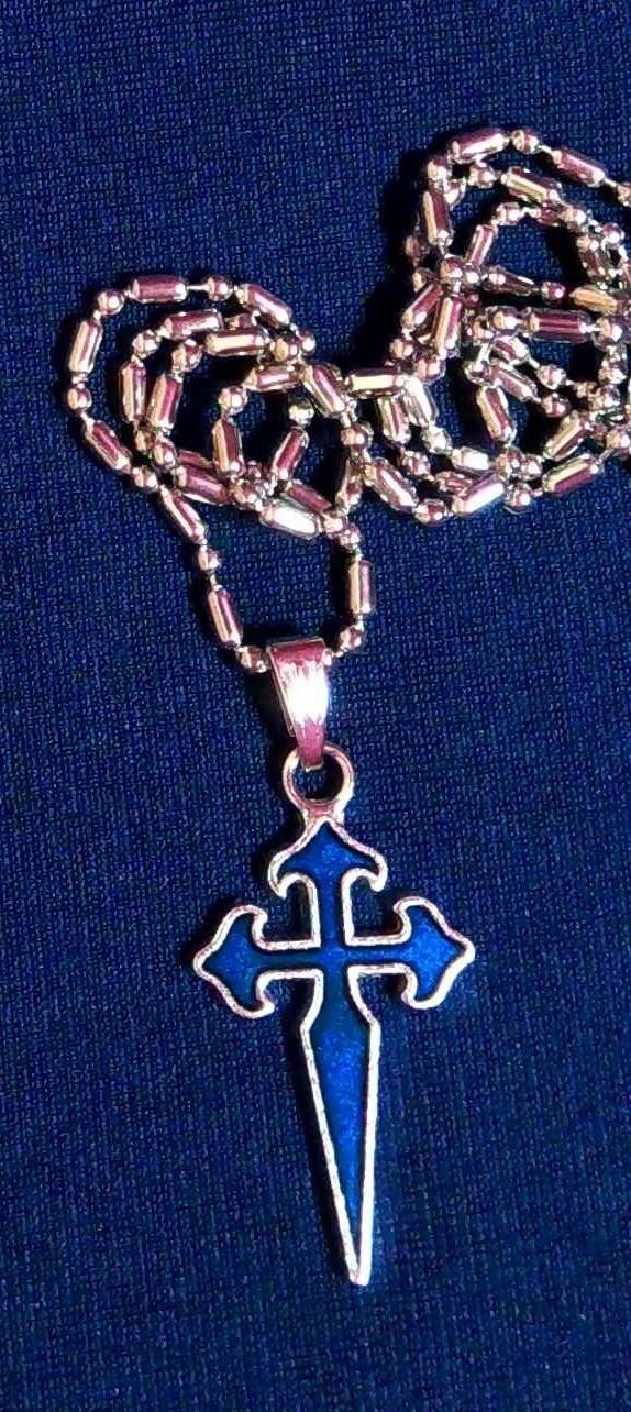 St James Crusader Cross Crucifix Silver Chain Necklace BLUE