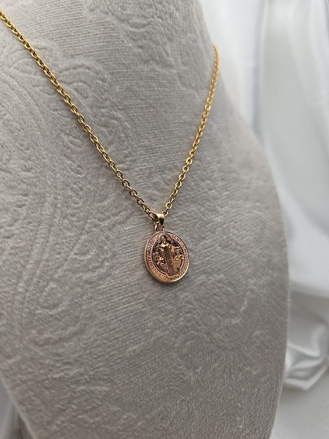 Pink Saint Benedict Medal Necklace 20″ Gold Plated Stainless Steel Catholic Gift