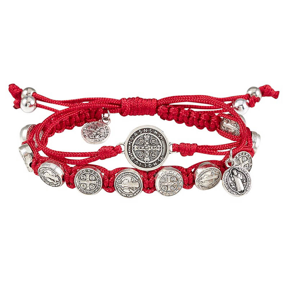 Saint St Benedict Medals Red Adjustable Double Strand Macramé Cord Bracelet