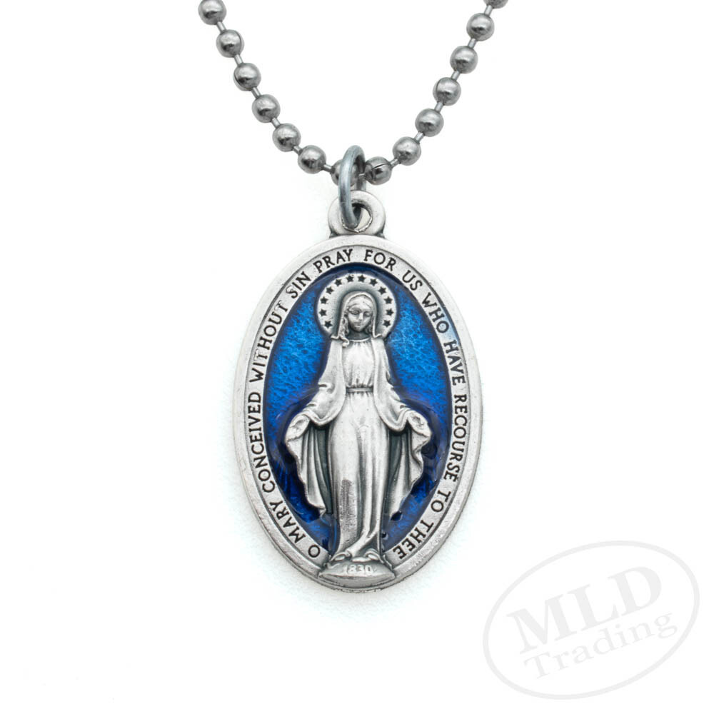 Miraculous Medal Necklace Catholic Virgin Mary 1.5″ Blue Pendant Made In Italy