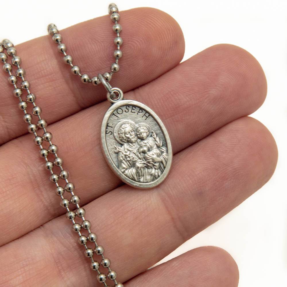 Patron Saint St Joseph Pray For Us 1″ Medal Pendant Necklace 24″ Chain Italy