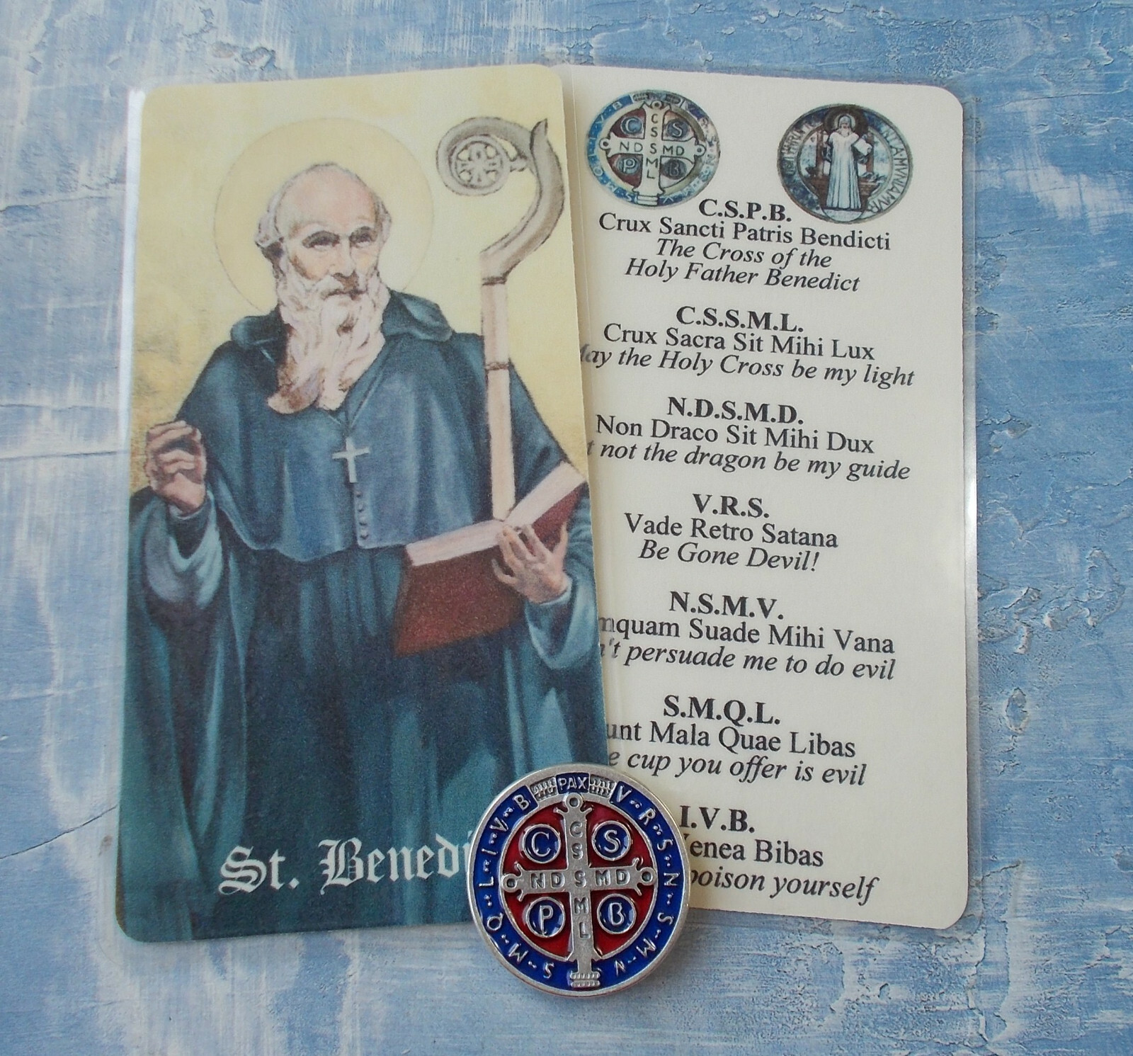 Rare St Benedict Pocket Token Protection 1-1/8″ Saint Medal ENAMEL Red/Blue