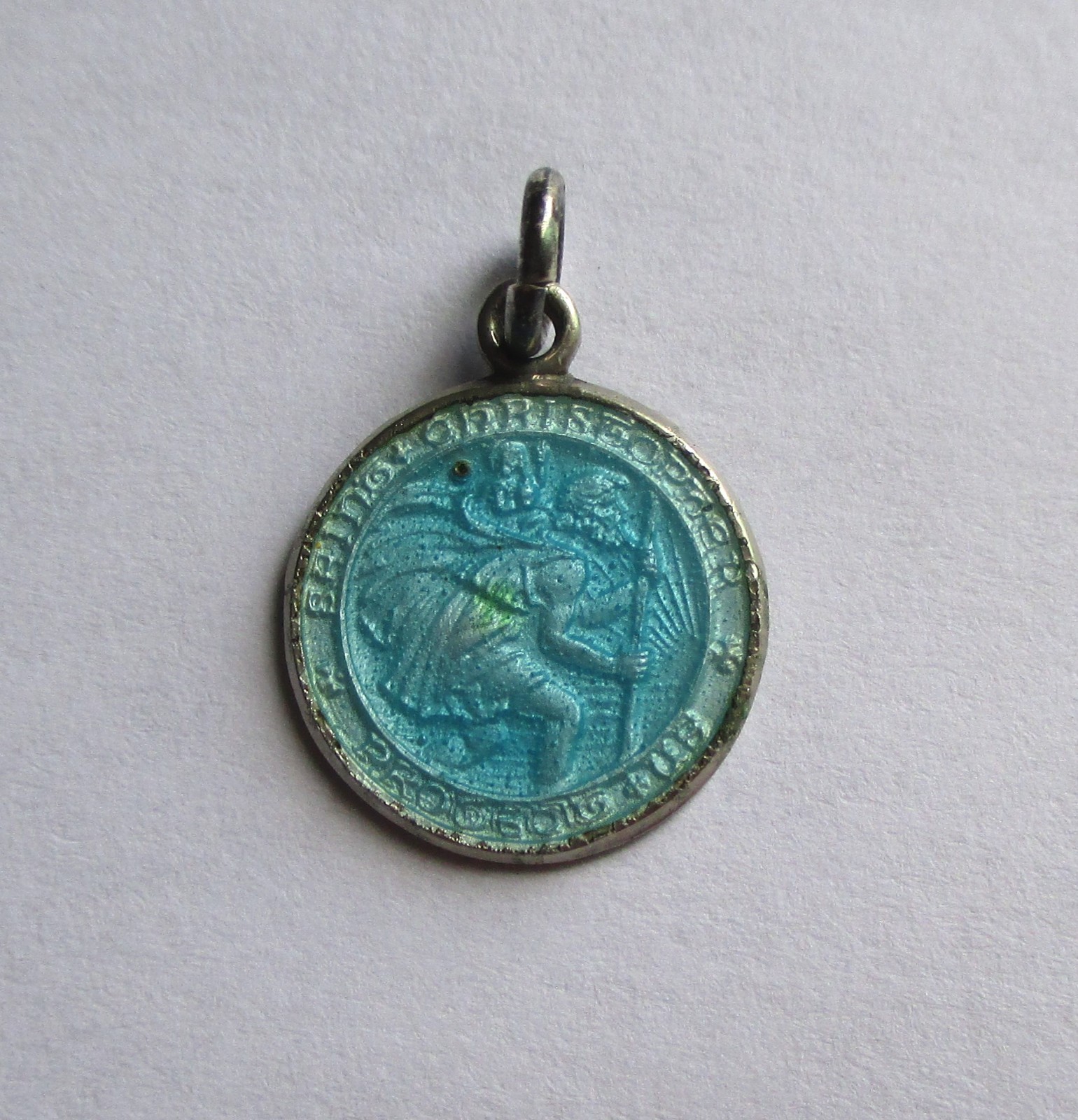 5/8in TINY VINTAGE STERLING SILVER BLUE ENAMEL SAINT CHRISTOPHER MEDAL CHARM