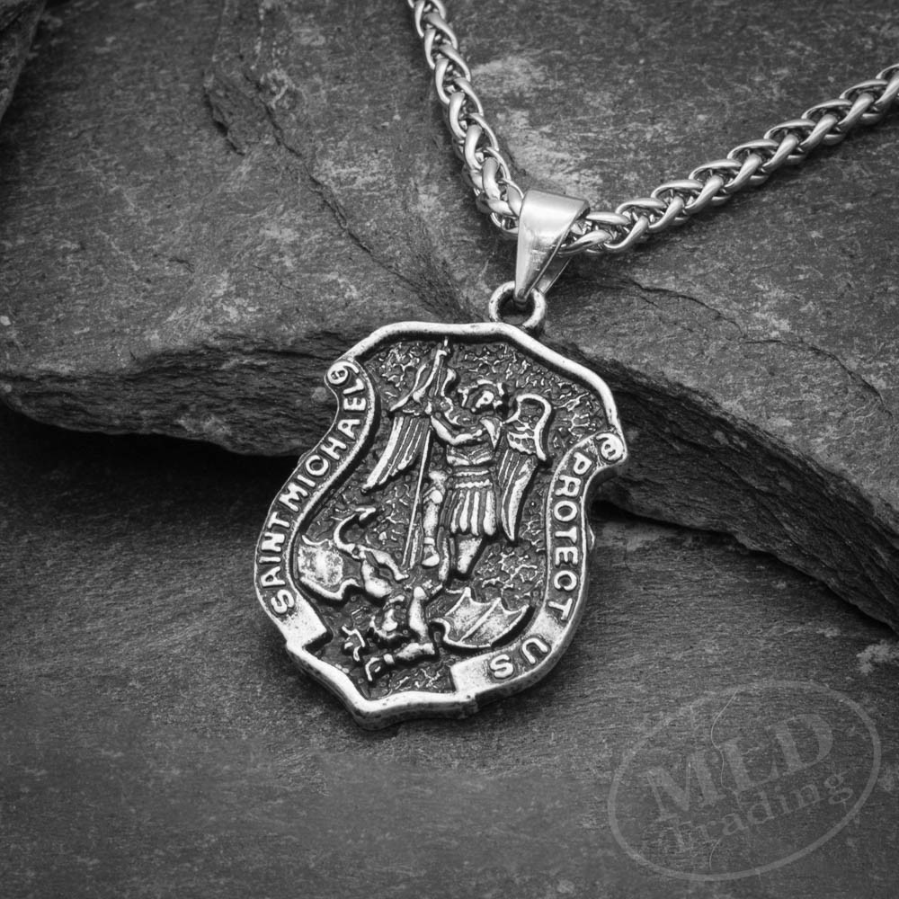 Archangel Saint St Michael Protect Us Medal Shield Pendant Necklace w 20″ Chain