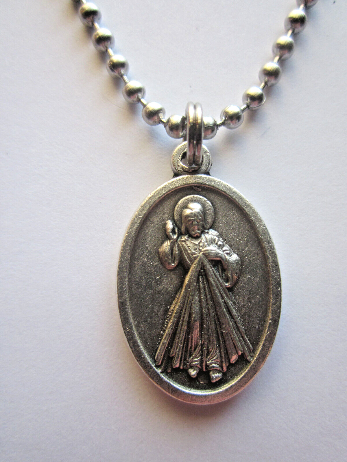 Divine Mercy / St Faustina Medal Pendant Necklace 24″ Ball Chain Prayer Card