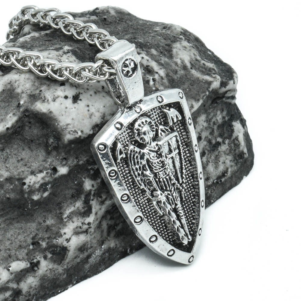 Archangel Saint St Michael Medal Cross Shield Pendant Necklace w 24″ Spiga Chain