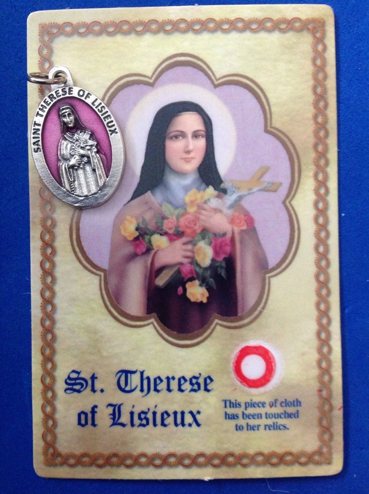 St THERESE of Lisieux Saint Medal with Relic Holy Card Medal Enamel 1″ Italy