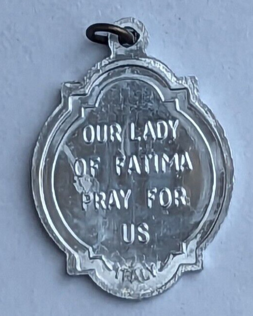 Our Lady of Fatima vintage silver tone Catholic Medal Pray for Us 7/8 x 5/8 in