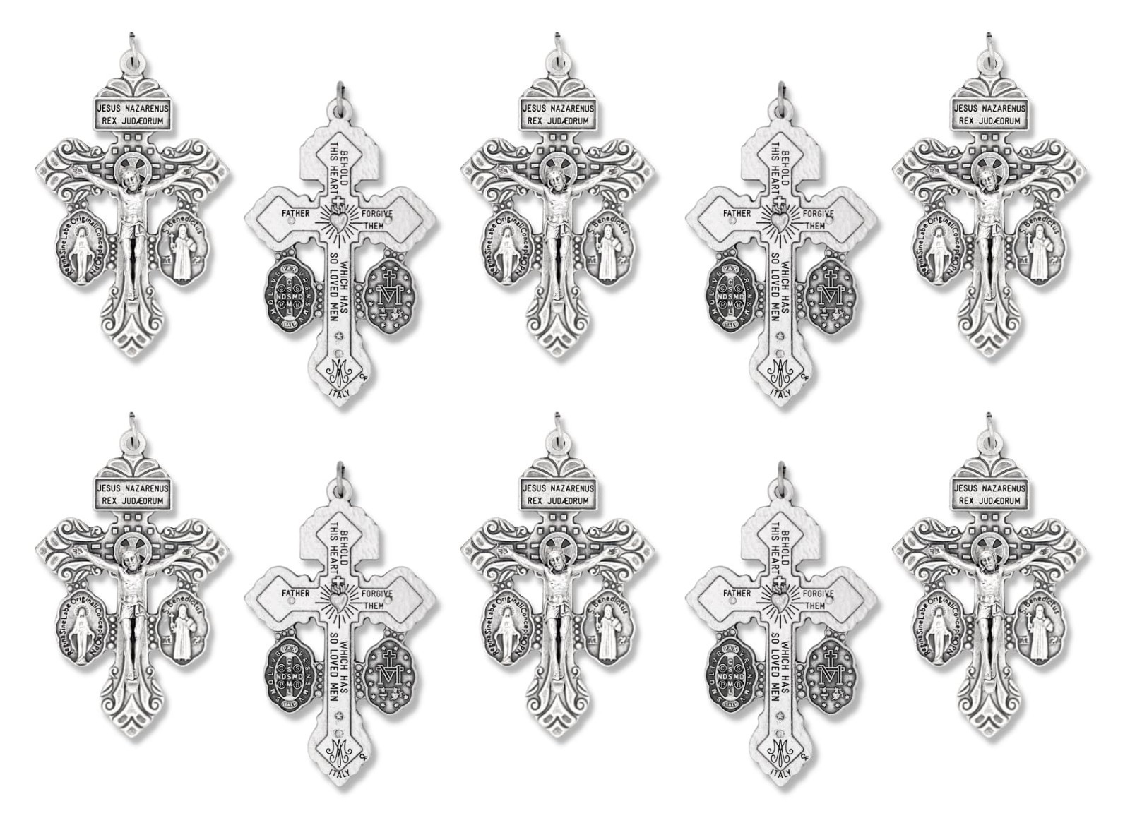 Pack of 10 Crucifix with St. Benedict & Marian Medals – Triple Threat Cross, 2 1