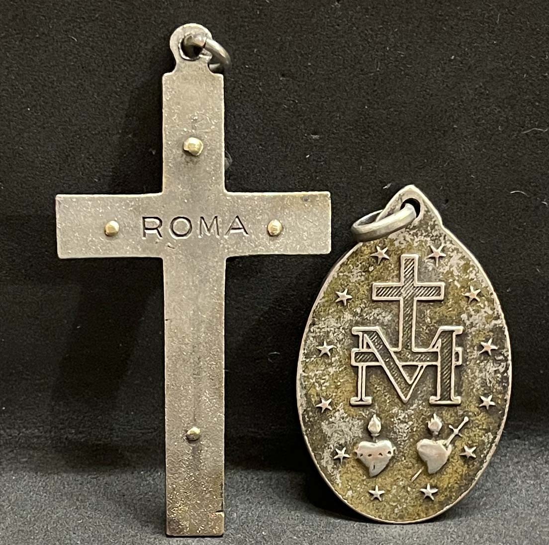 France & Italy – Vintage lot x2 Miraculous Virgin Mary medal & Cross Crucifix