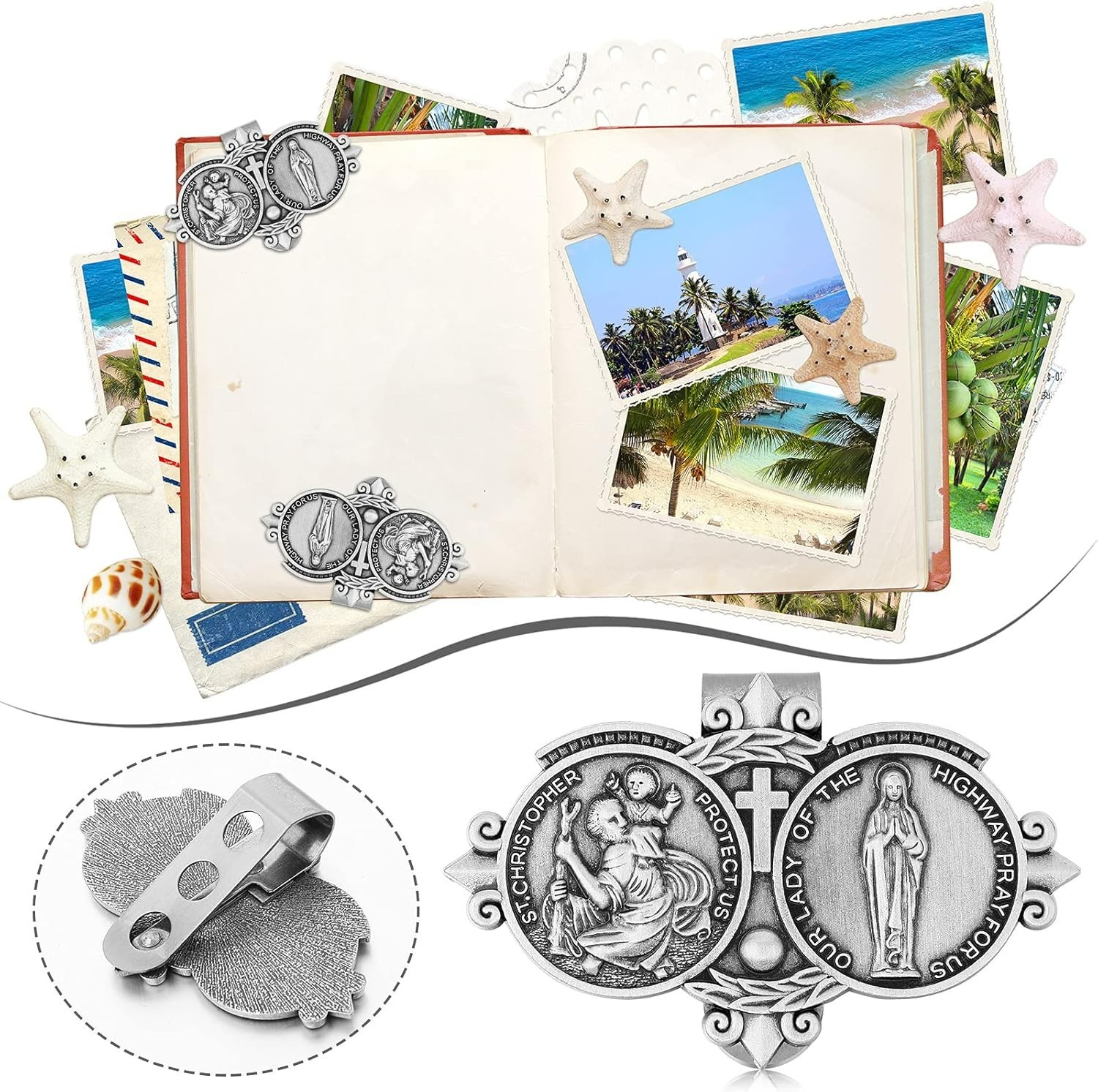Classic Silver Visor Clips Set with St Christopher for All Vehicle Types
