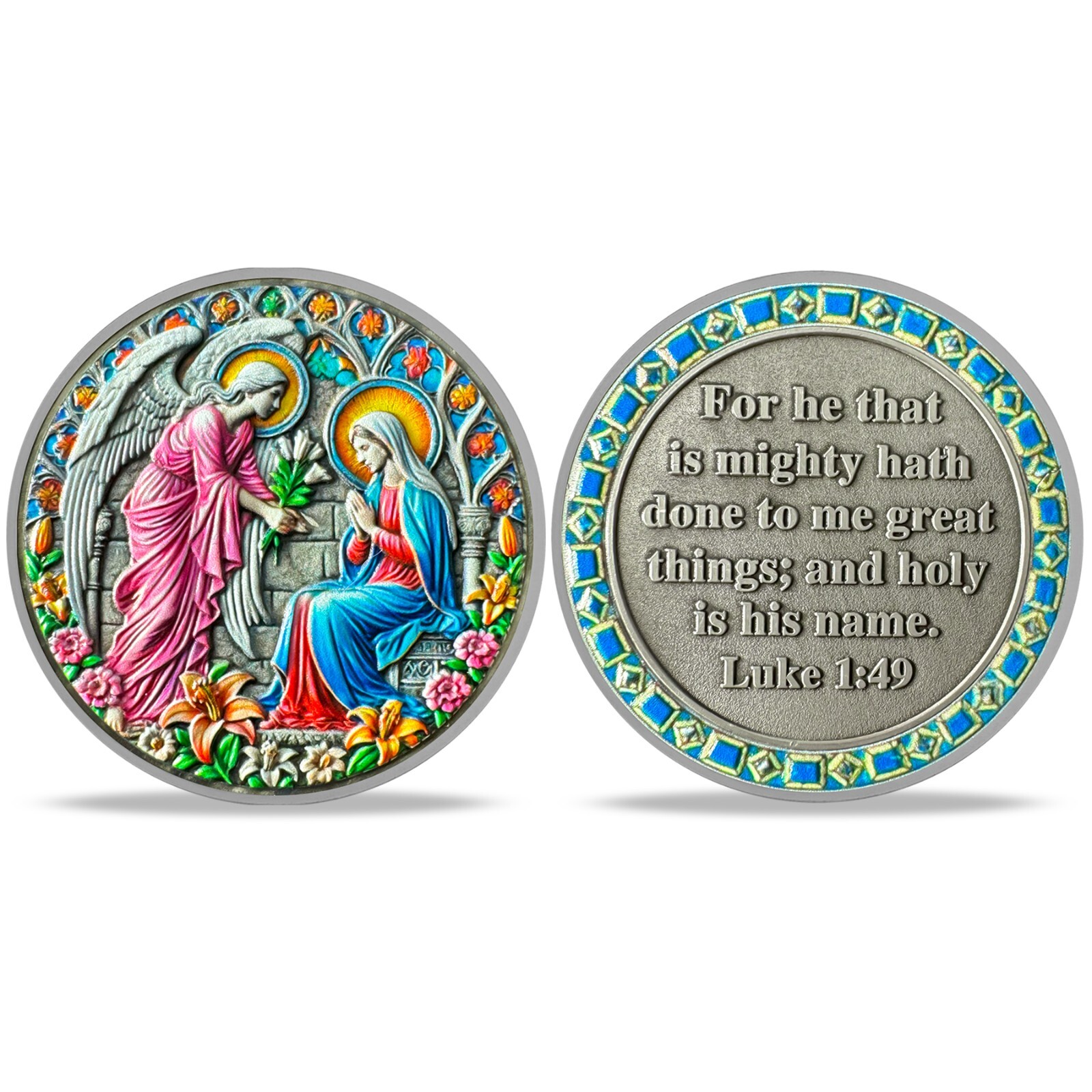 5pcs Christian Annunciation Challenge Coin Luke 1:49 Bible Verse Faith Coin Gift