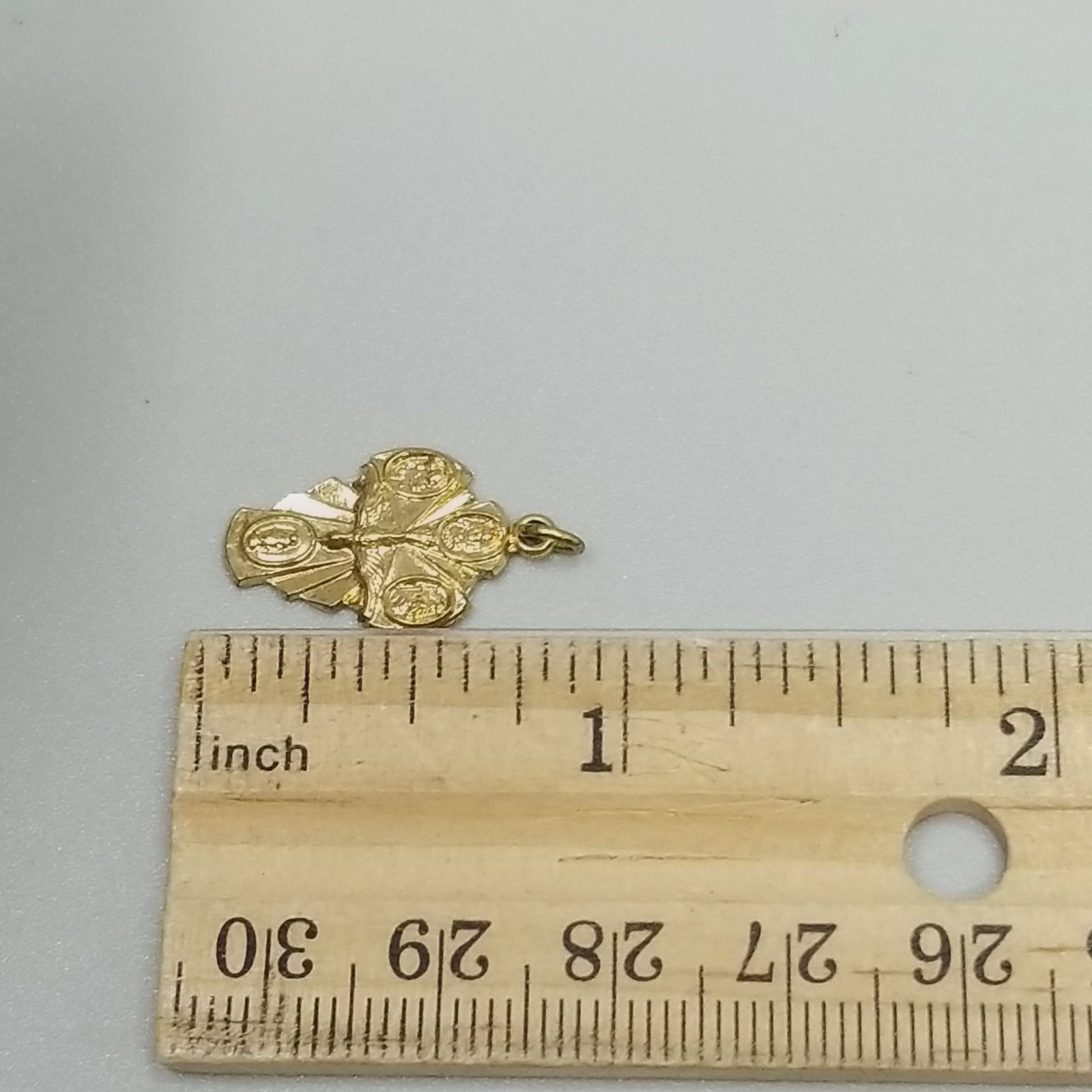 Vintage Small Four Way Saint Cross Pendant Medal Charm Gold Tone Pray for Us