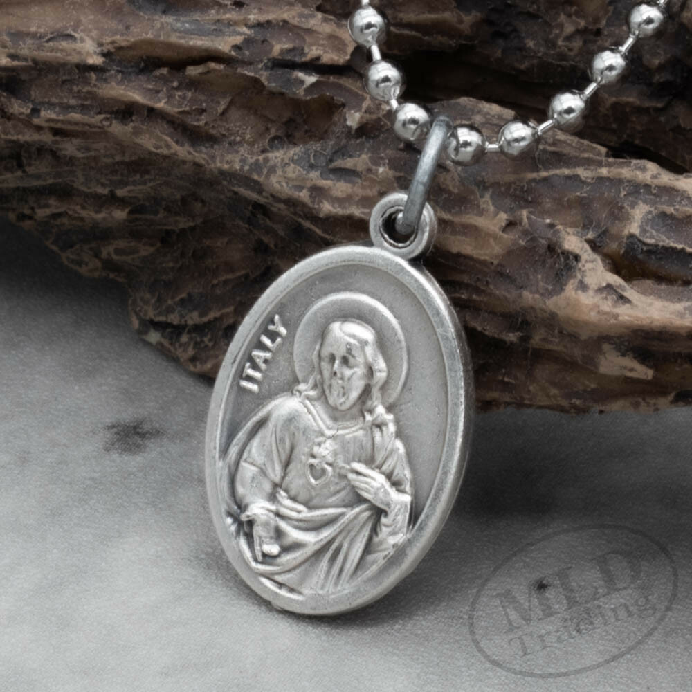 Sacred Heart Of Jesus Have Mercy On Us Medal Pendant Necklace Italy w Ball Chain