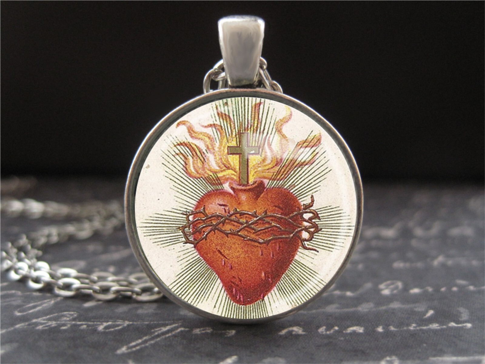Sacred Heart of Jesus Medal Necklace Vintage Art Glass Charm Catholic Jewelry