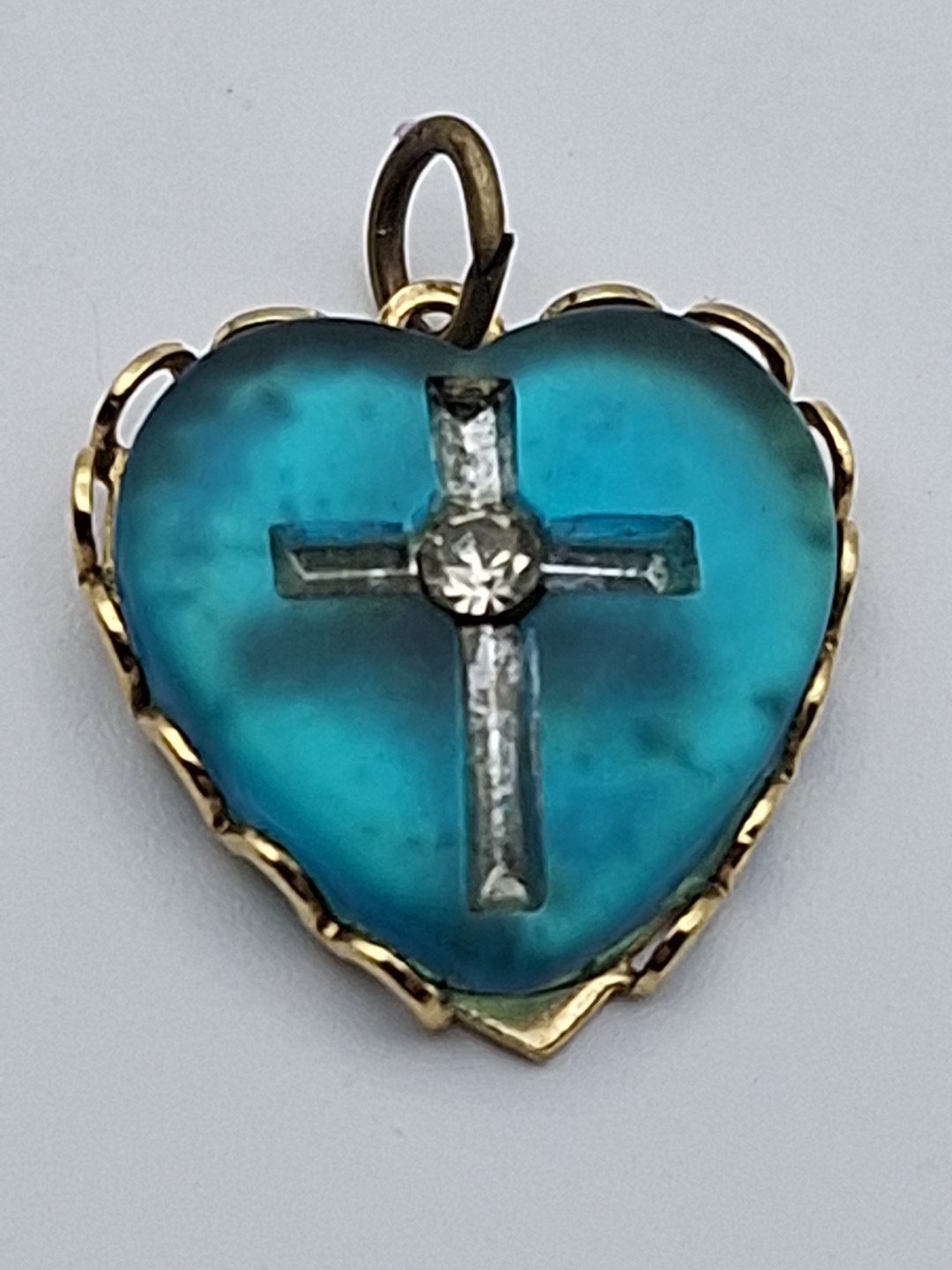 Vinyage Blue Lucite Gold Toned Heart & Cross Medal Religious Pendant Charm