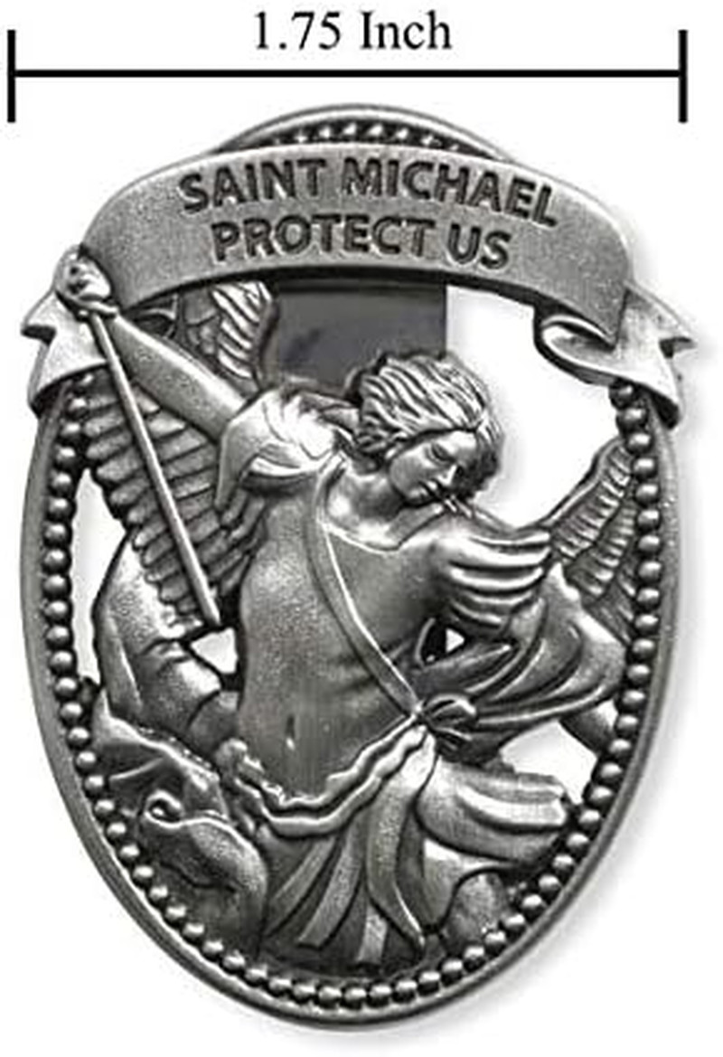 Silver Tone Zinc Alloy Archangel St Michael Protect Us Visor Clip, 2 1/4 Inch