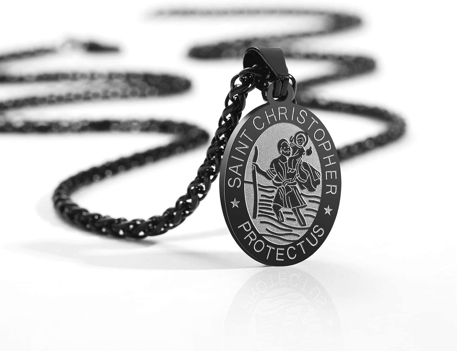Saint St Christopher Medal Necklace for Men Boys 24 in – Religious Gifts, Black