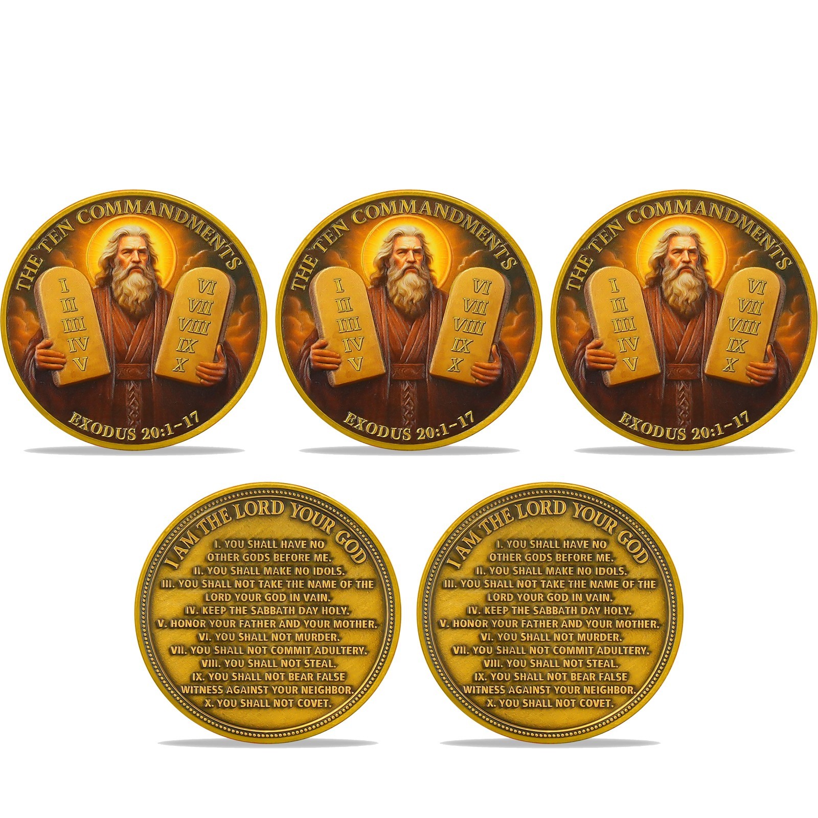 5pcs Christian Challenge Coin Ten Commandments Themed Exodus 20:1-17 Verse Coin