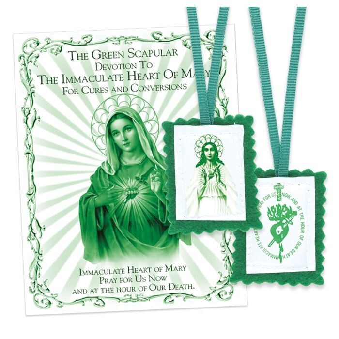 1 1/4″ x 2″ Immaculate Heart of Mary Green Scapular + Instruction Pamphlet 1504