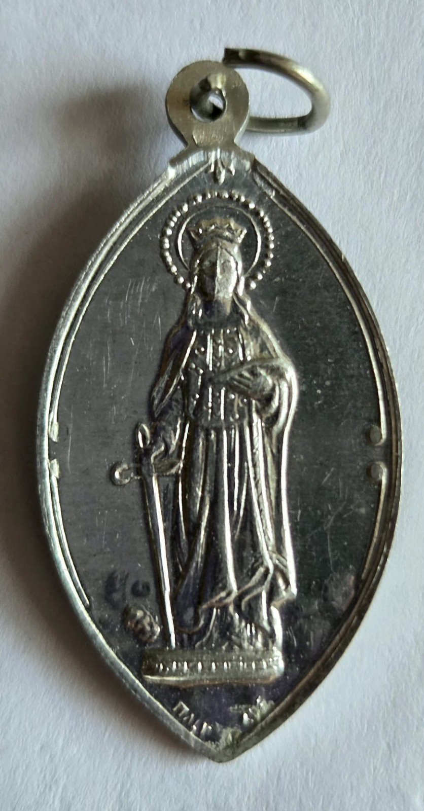 Vintage St Dymphna Pray for Us Medal Italy SilverTone Pointed Oval Catholic 1.25