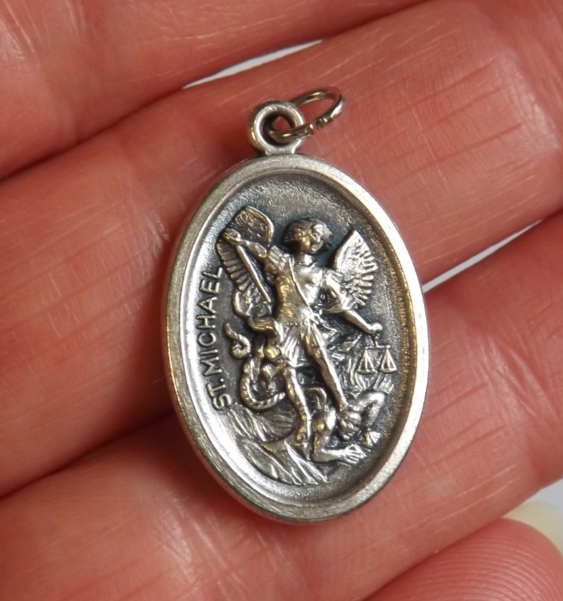 * Oval pendant medal Guardian Angel St Saint Michael Archangel killing the devil