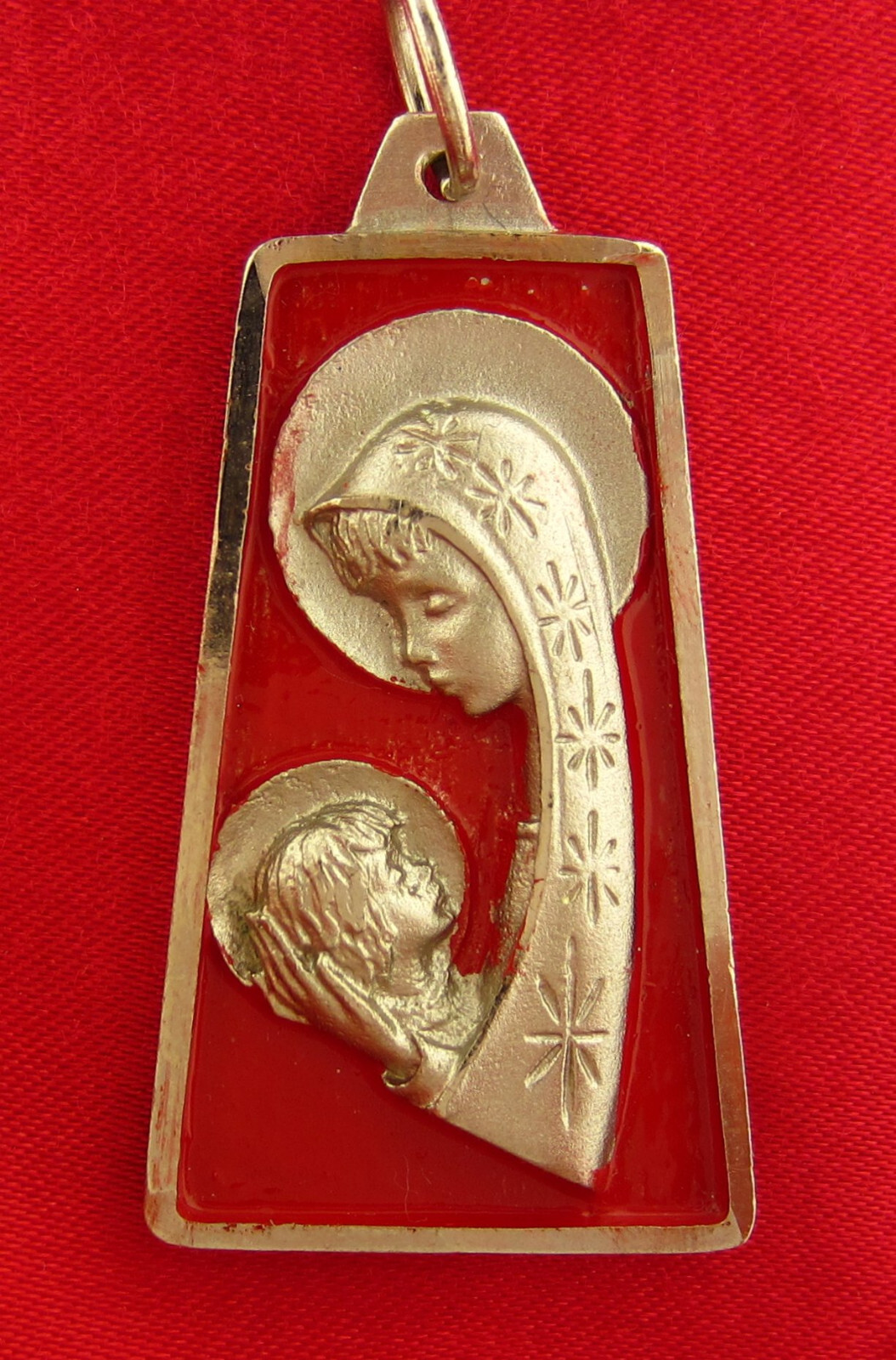 Vintage MARY JESUS Medal RED ENAMEL Religious Catholic Silvertone Pendant LARGE