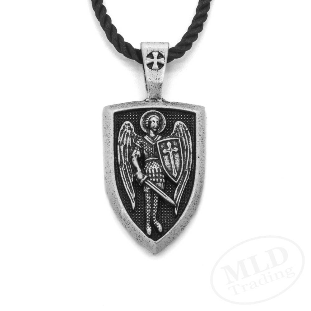 Saint St Michael Shield Medal Pendant Necklace, Antiqued Silver Zinc Alloy