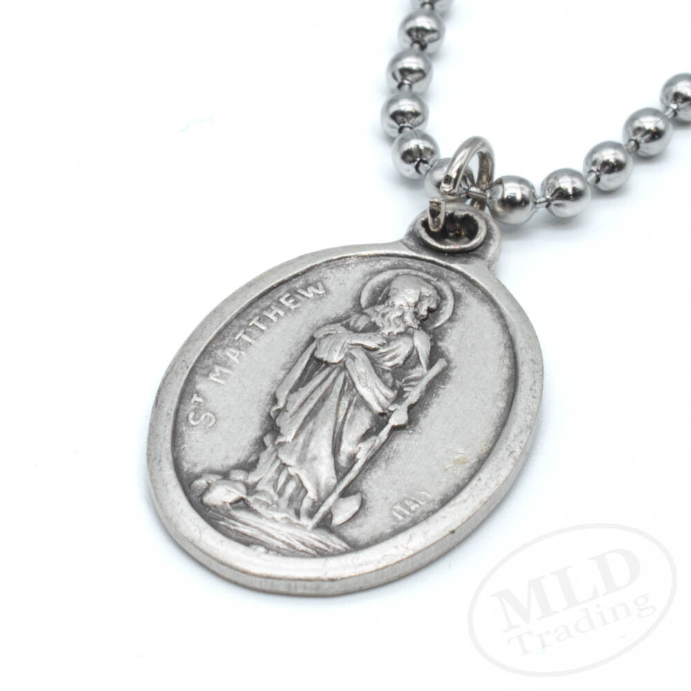 Saint St Matthew Pray For Us Prayer Medal Pendant Necklace Italy 24″ Ball Chain