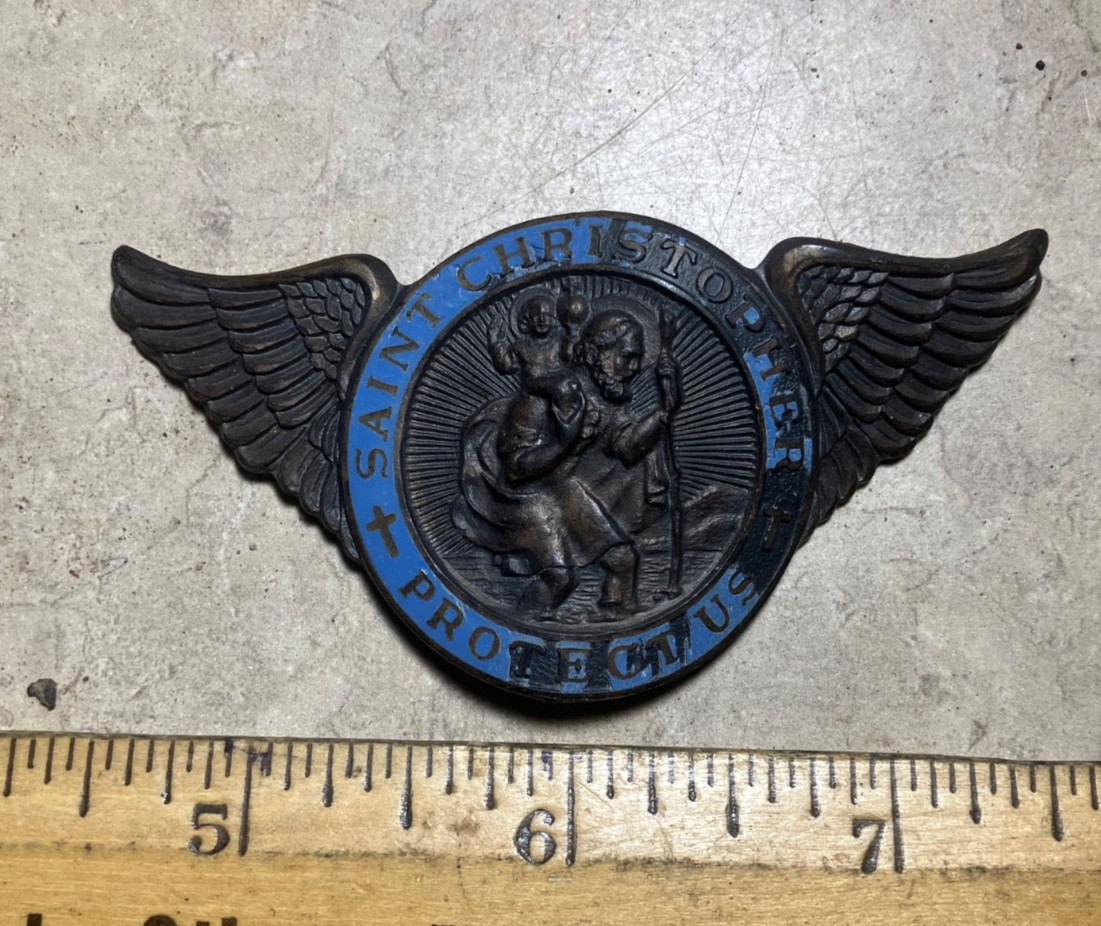 Really neat St Christopher Protect Us winged medallion/badge-NM detecting find