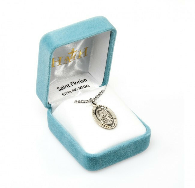 St. Florian Sterling Silver Oval 1.1″ Medal, Gift Box, 24″ Chain, US Made