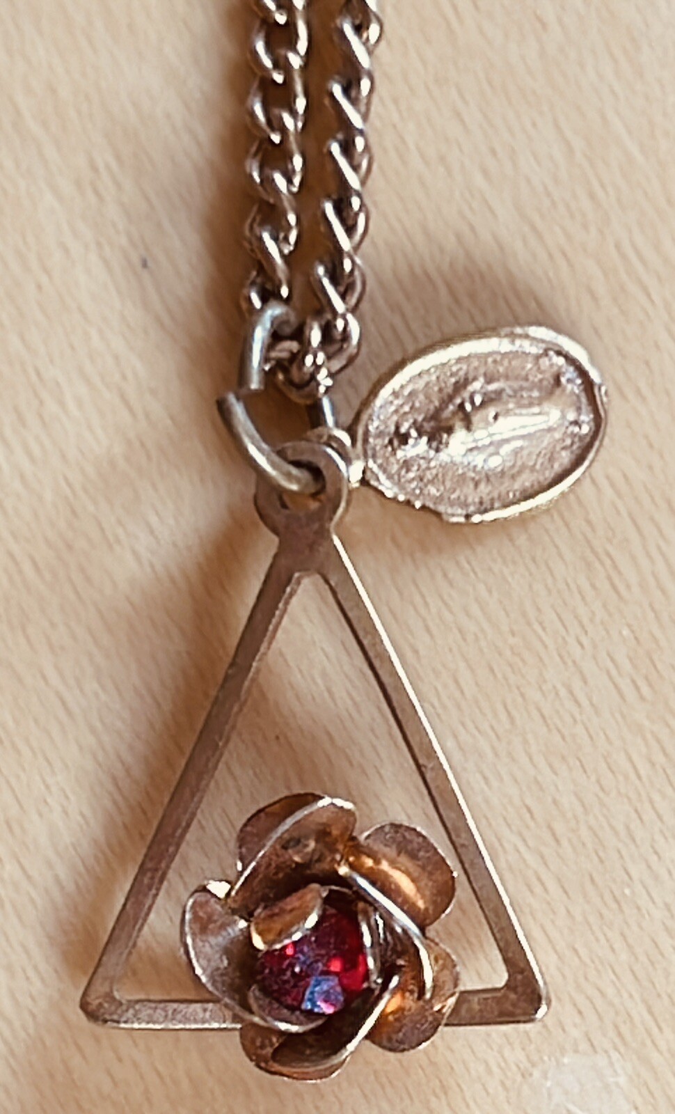 Religious Miraculous Pendant on Chain Red Stone in Rose and Triangle 20″ Long