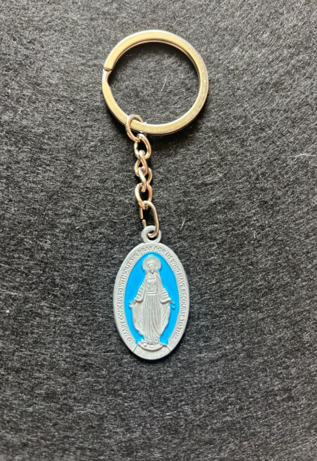 Vintage Virgin Mary Conceived Without Sin Pray For Us Keychain Silver and Blue