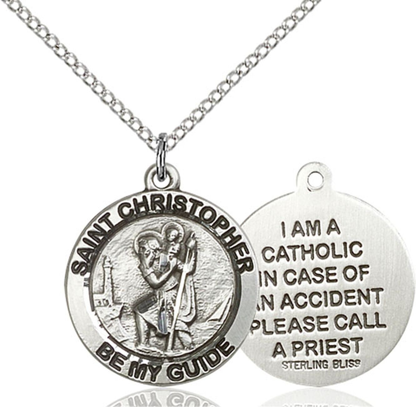 Sterling Silver St Saint Christopher Round Medal Pendant Necklace With Chain