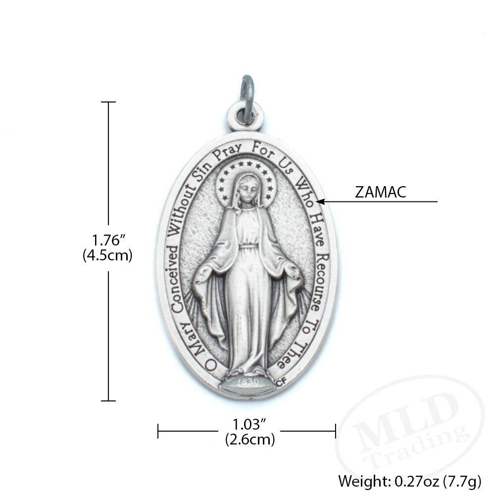 Our Lady Miraculous Medal Pendant Large 1.75″ Silver Oxidized Made In Italy