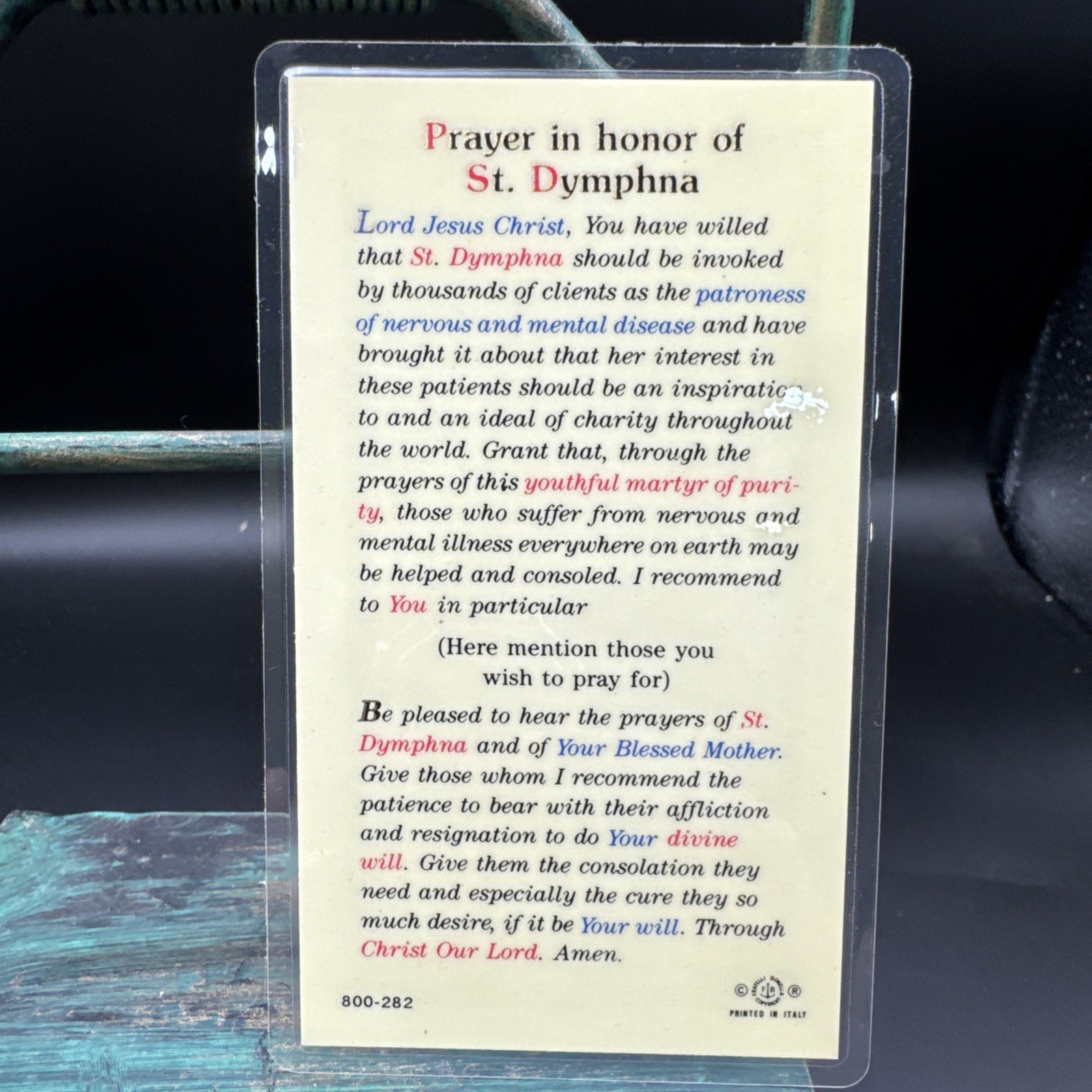 St. Dympha Holy Card Patron Saint Anxiety Stress Mental Illness Laminated Italy